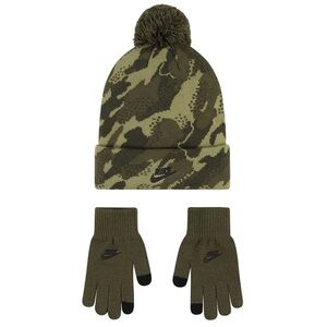 NWT Youth Boys 8-20 Nike Green Camo Pom Beanie Hat & Gloves Set